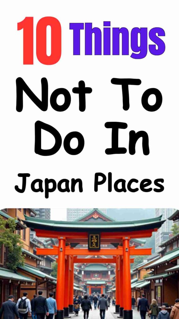 A visual guide illustrating “10 Things Not To Do In Japan,” featuring icons and scenes such as a quiet train with no loud talking, no tipping at restaurants, eating only while stationary, respectful behavior at temples, no pointing fingers, removing shoes indoors, orderly queues, discreet nose blowing, separating trash properly, and using basic Japanese phrases to communicate politely.



