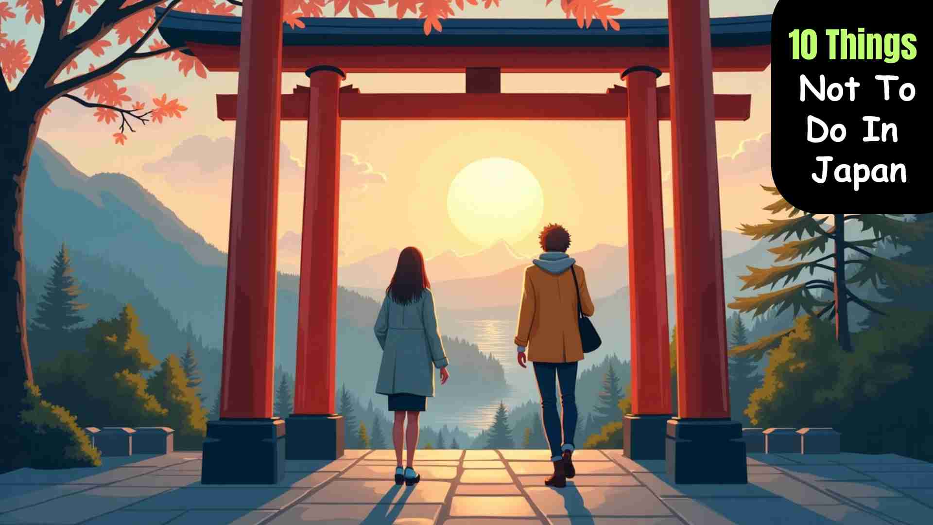 This image showing “10 Things Not to Do in Japan” with visuals of common etiquette mistakes, such as talking loudly on trains, tipping at restaurants, eating while walking, ignoring temple rules, pointing fingers, wearing shoes indoors, skipping queues, blowing your nose in public, mixing trash improperly, and expecting everyone to speak English, set against a backdrop of Japanese landmarks like Tokyo streets, shrines, and cherry blossoms.