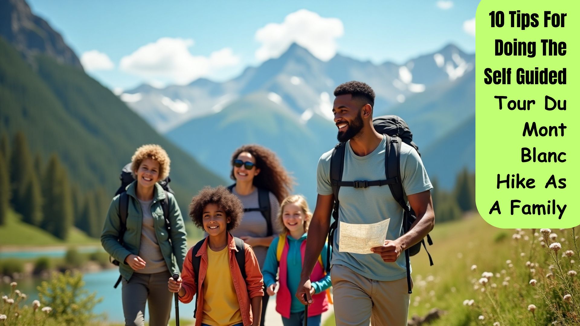 A happy family hiking the scenic Tour du Mont Blanc trail with Mont Blanc mountains in the background