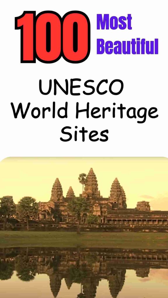 A collage showing some of the world’s most beautiful UNESCO World Heritage Sites, including ancient temples, lush natural landscapes, historic cities, and iconic monuments.