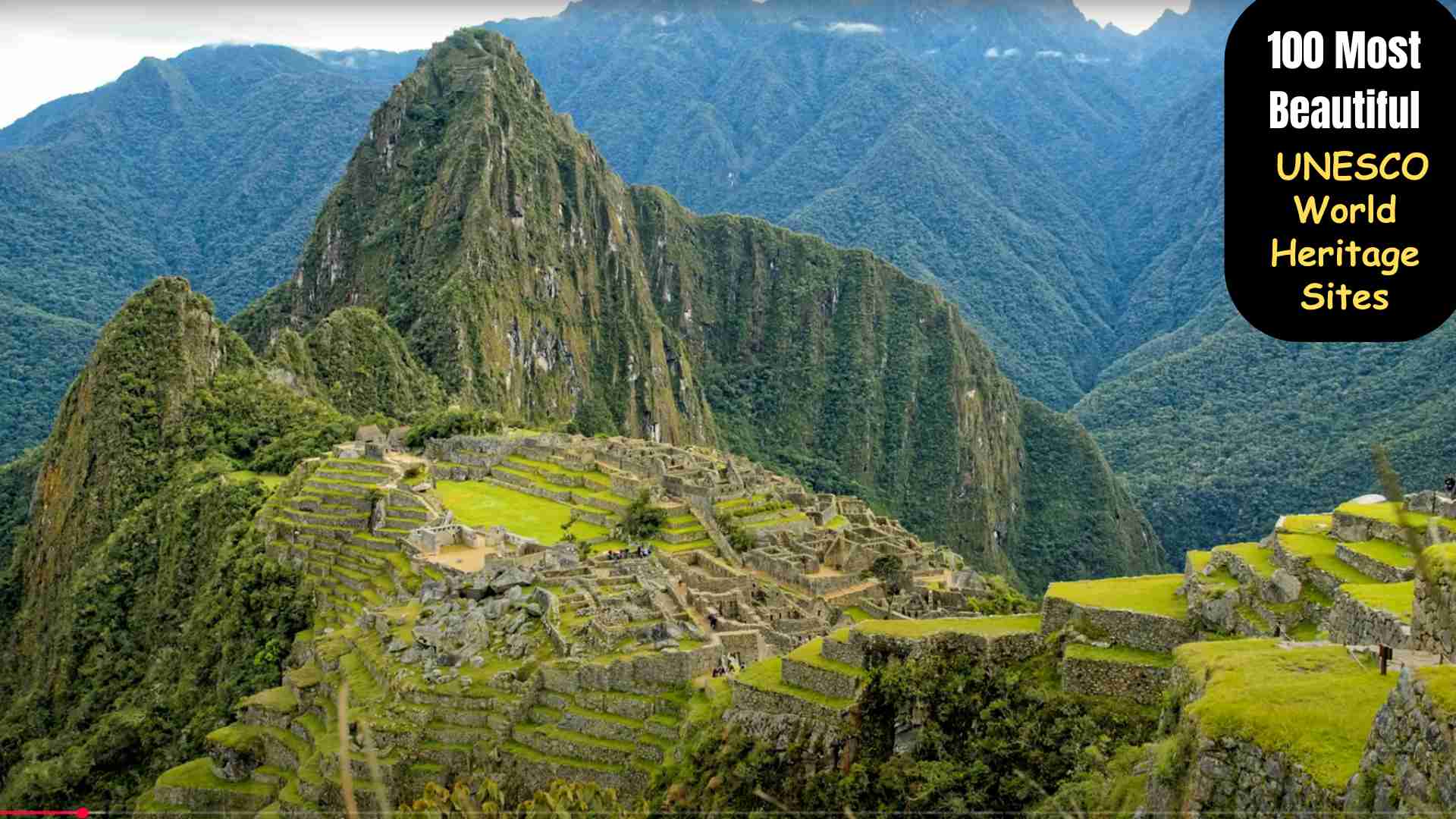 Panoramic view of diverse UNESCO World Heritage Sites including ancient temples, scenic mountains, and historic cities.