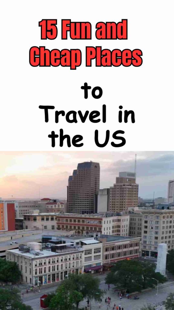 Map highlighting 15 fun and cheap travel destinations in the US, featuring affordable cities, scenic nature spots, and popular budget-friendly vacation areas.