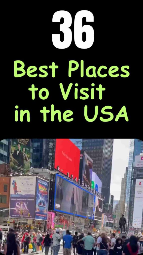 Map of the United States highlighting 36 top travel destinations including cities, national parks, coastal areas, and scenic landscapes representing the best places to visit in the USA.