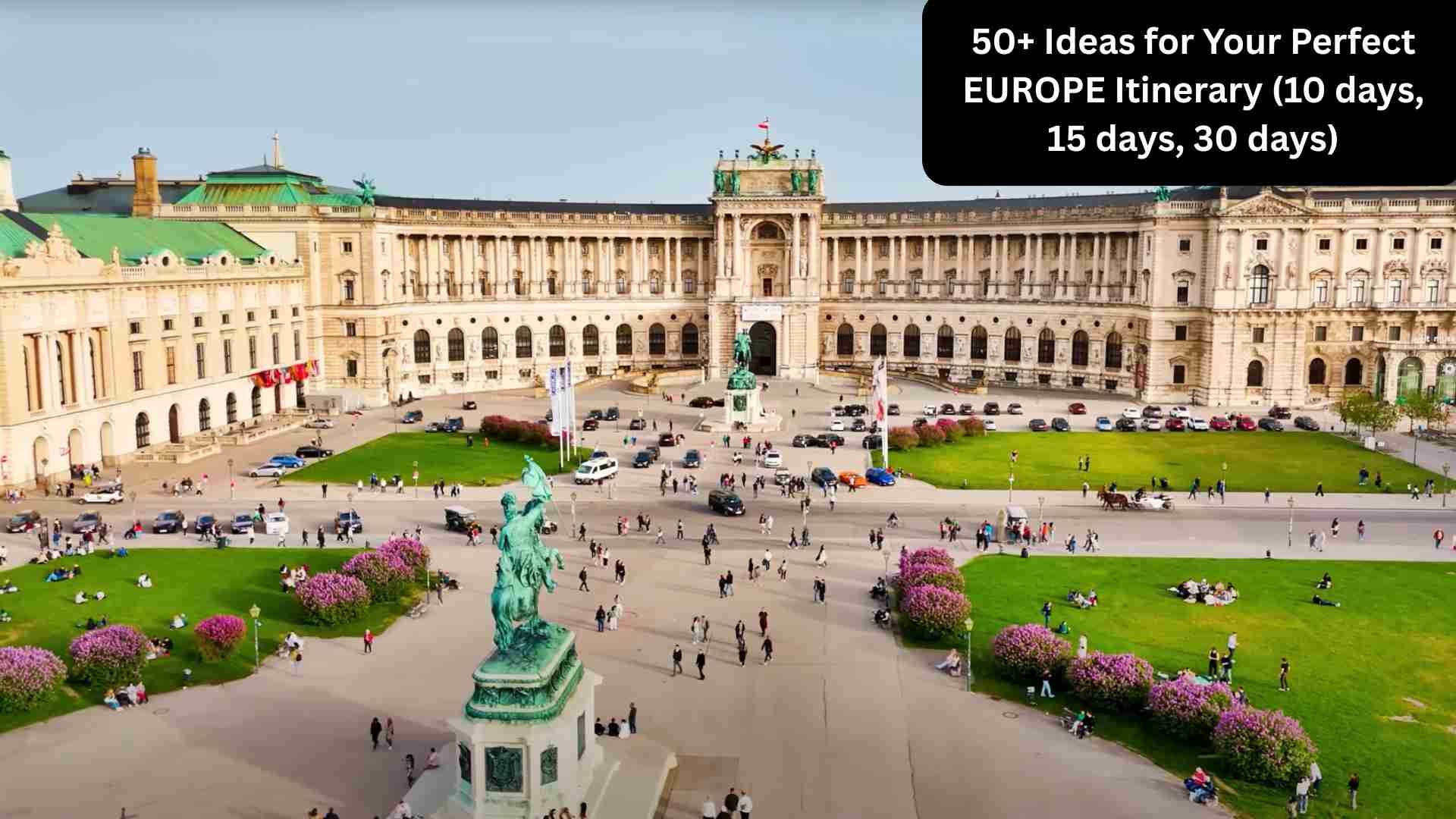 Map collage showing iconic European landmarks including the Eiffel Tower, Venice canals, Swiss Alps, and Mediterranean coastline, representing diverse 10, 15, and 30-day Europe itinerary ideas.