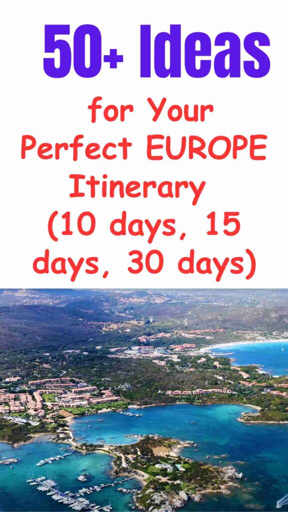 A vibrant collage of famous European landmarks including the Eiffel Tower, Venice gondolas, Swiss mountains, and historic cityscapes, illustrating diverse itinerary options for 10, 15, and 30-day trips across Europe.