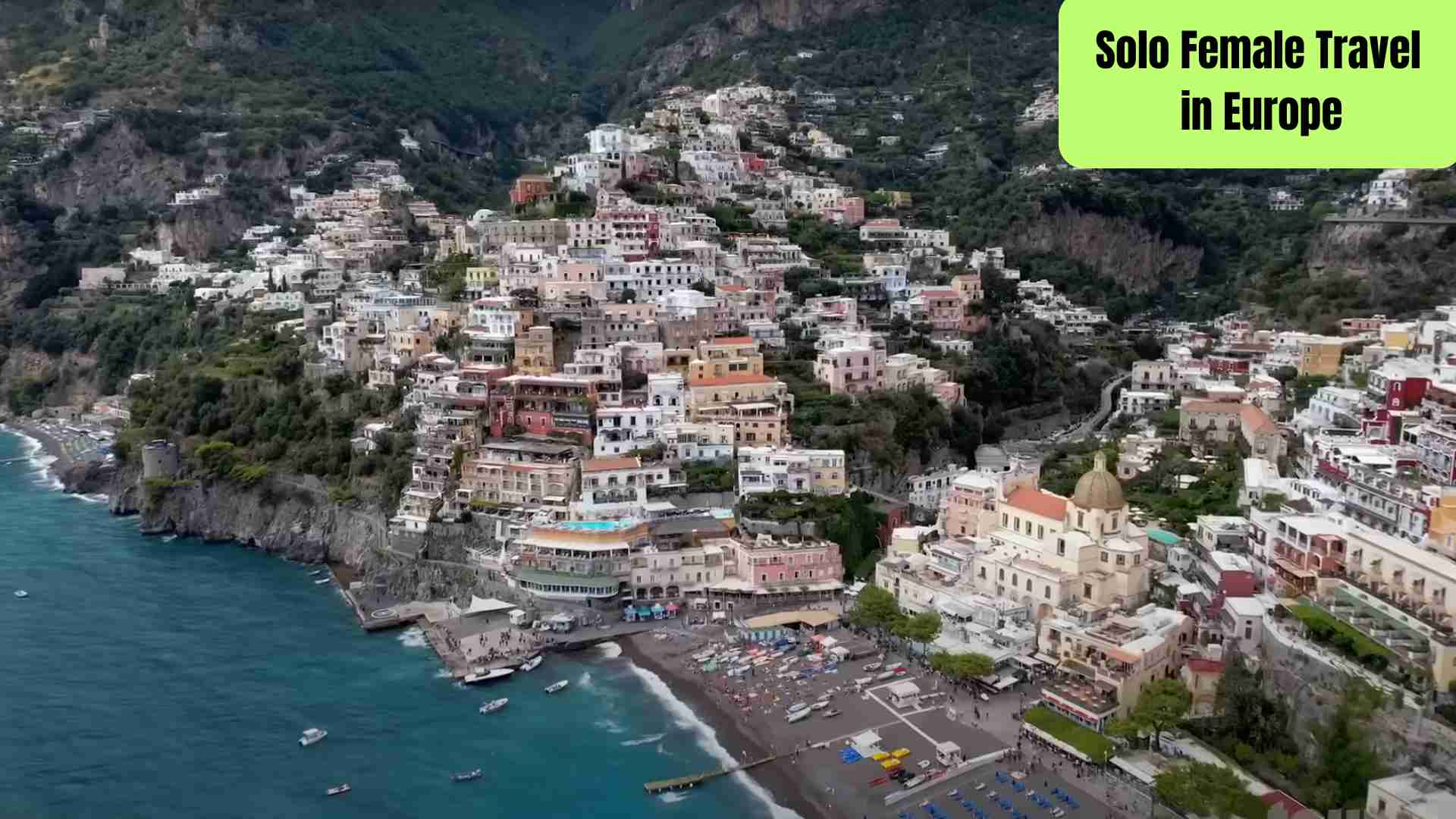 Solo female traveler exploring Europe – sitting at a Paris café, hiking the Swiss Alps, and watching a Santorini sunset, symbolizing independence, safety, and adventure.