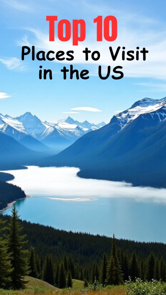 Scenic collage featuring iconic destinations from the Top 10 Places to Visit in the US, including national parks, city skylines, coastlines, and historic landmarks.