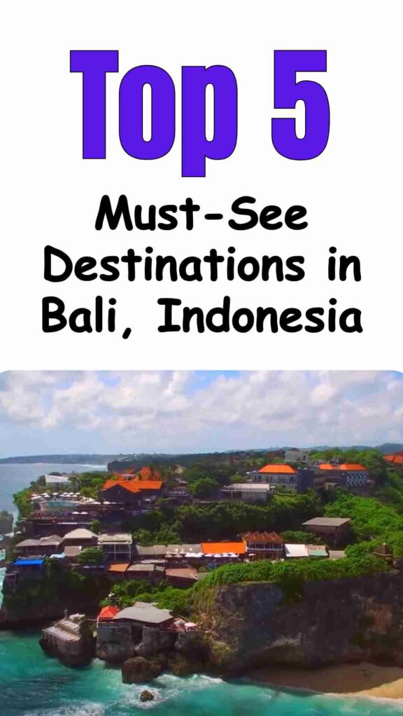 A breathtaking view of Bali’s top 5 must-see destinations, featuring lush rice terraces, cliffside temples, serene lakes, jungle waterfalls, and pristine island beaches.