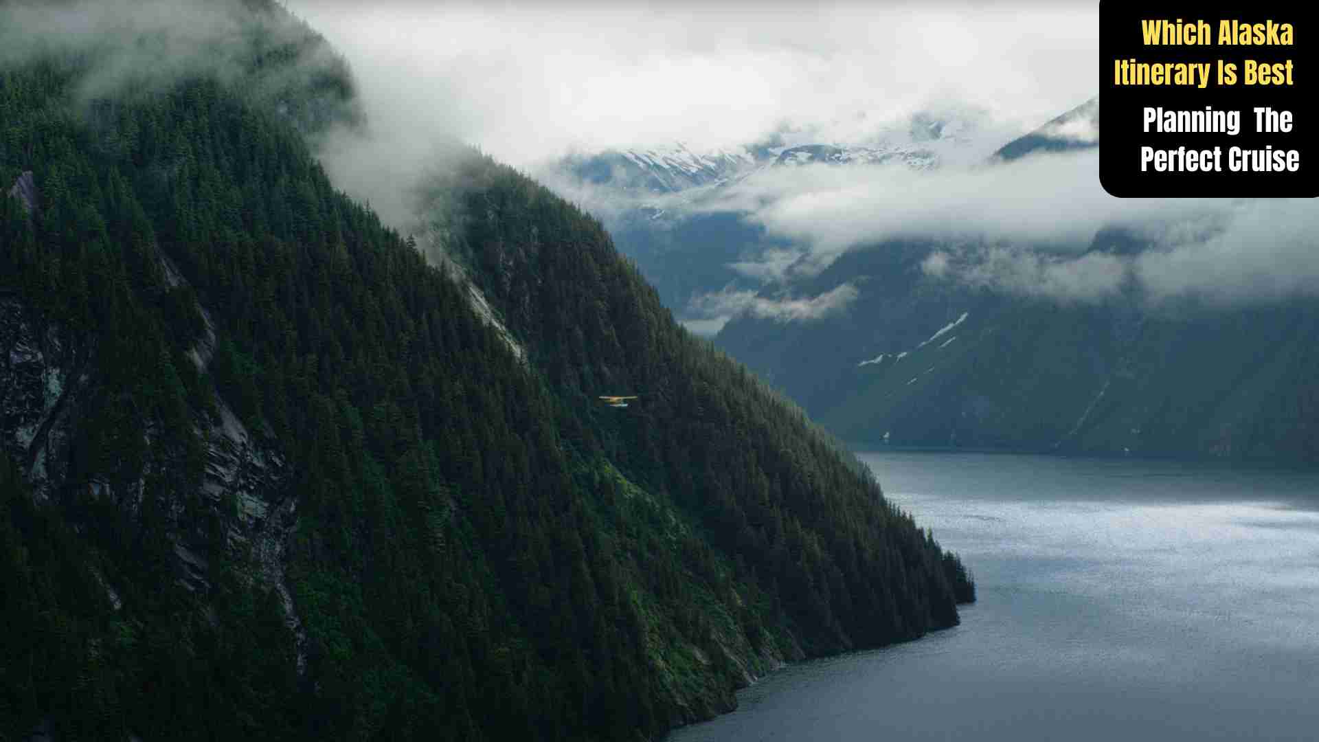 A scenic Alaska cruise itinerary guide showing majestic glaciers, calm coastal waters of the Inside Passage, iconic ports like Juneau, Skagway, and Ketchikan, and massive glaciers of the Gulf of Alaska with cruise ships navigating through icy fjords under cloudy skies.