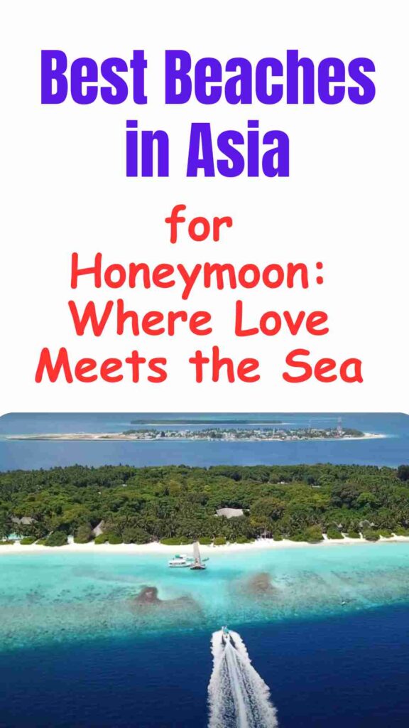 Scenic view of an Asian tropical beach with turquoise water, soft white sand, and a romantic couple walking hand in hand, perfect for honeymoon travel.
