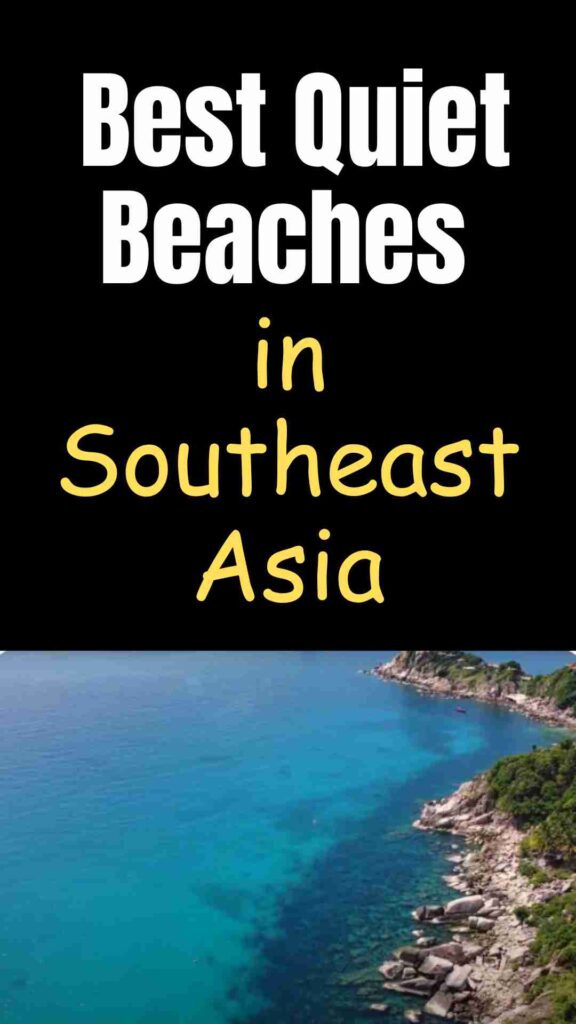 A serene, quiet beach in Southeast Asia with soft white sand, turquoise waters, and swaying palm trees, offering a peaceful escape from crowds.