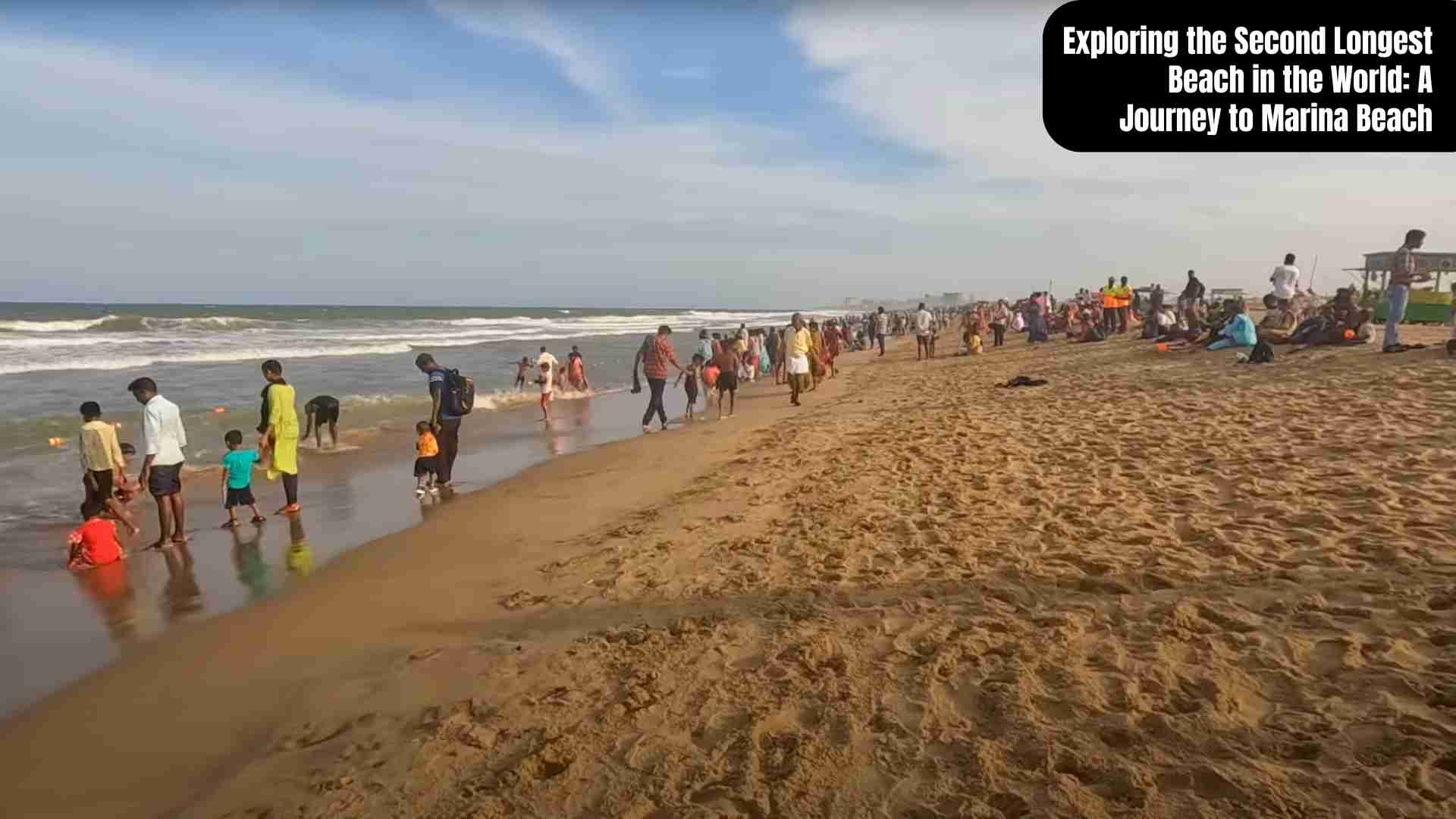 A vibrant view of Marina Beach in Chennai, India—the world’s second longest urban beach—showing golden sands along the Bay of Bengal, bustling with families, vendors, and cultural landmarks under a warm sunrise sky.