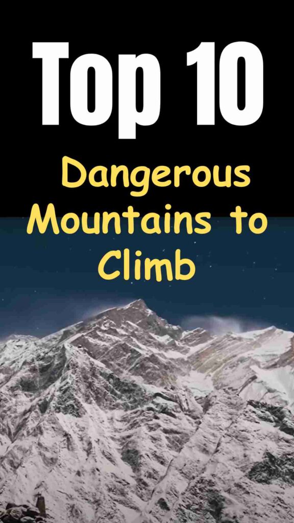 A striking visual of the top 10 most dangerous mountains to climb, featuring jagged peaks, icy slopes, and steep ridges. Includes Annapurna I, K2, Nanga Parbat, Kangchenjunga, Dhaulagiri I, Makalu, Manaslu, the Eiger, Denali, and the Matterhorn. These mountains are notorious for avalanches, harsh weather, extreme cold, high altitudes, and deadly climbing conditions.