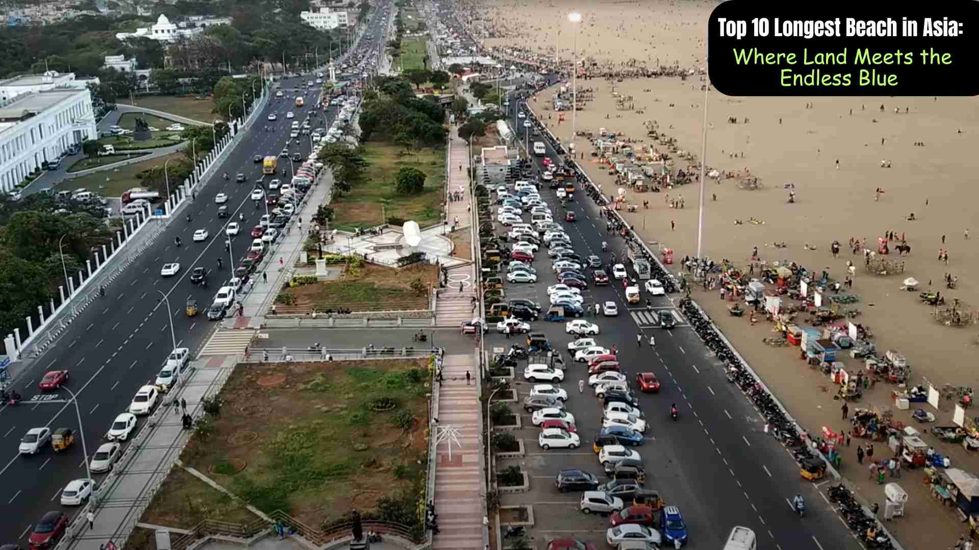 Aerial view of Asia’s longest beaches featuring golden sands, blue waters, and scenic coastlines, including Cox’s Bazar, Marina Beach, and Kuakata, perfect for long walks and breathtaking sunsets.