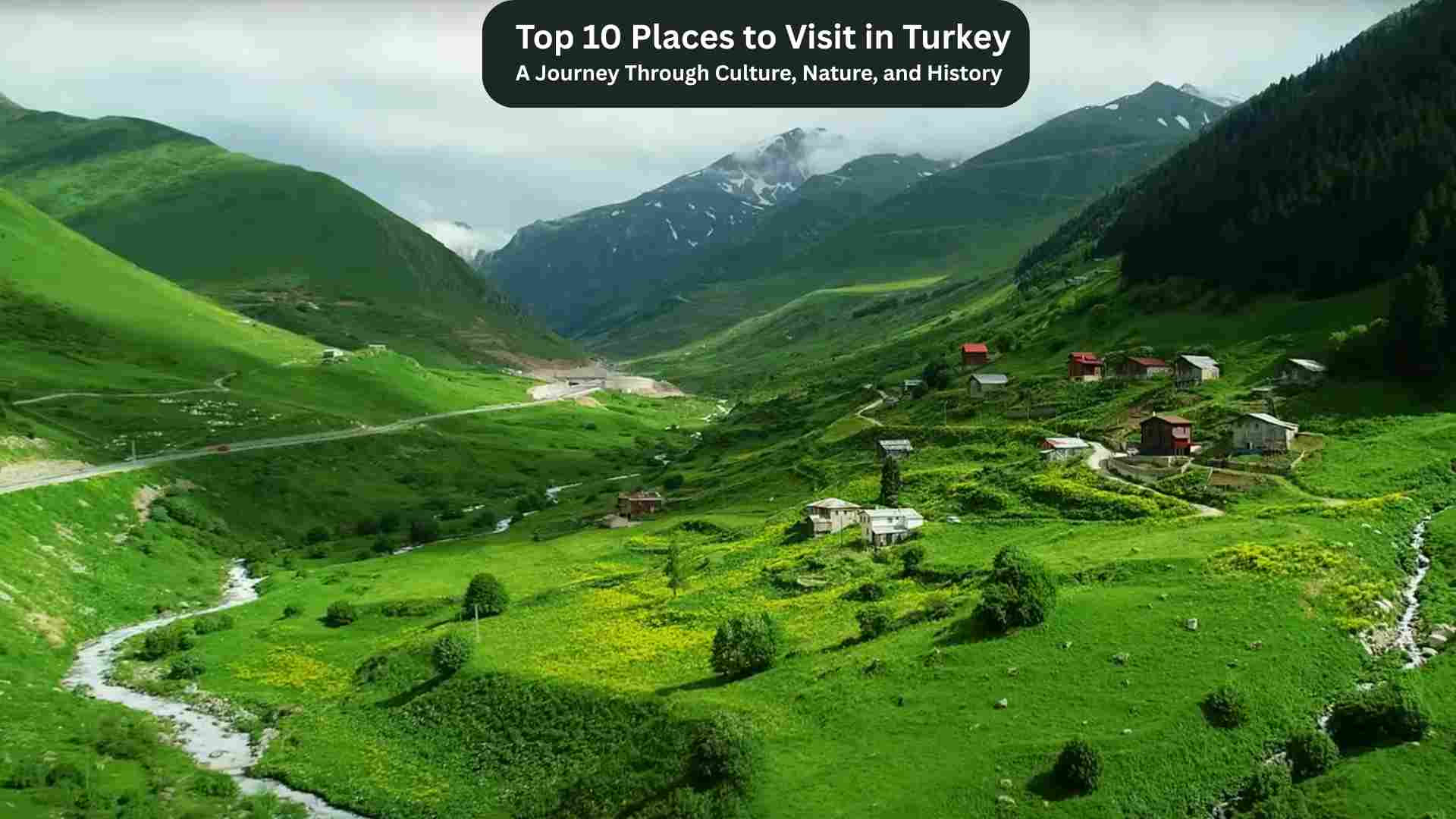 Scenic collage of Turkey’s top destinations including Cappadocia’s fairy chimneys, Pamukkale’s white terraces, Istanbul’s Hagia Sophia, and Mediterranean beaches, representing culture, nature, and history.