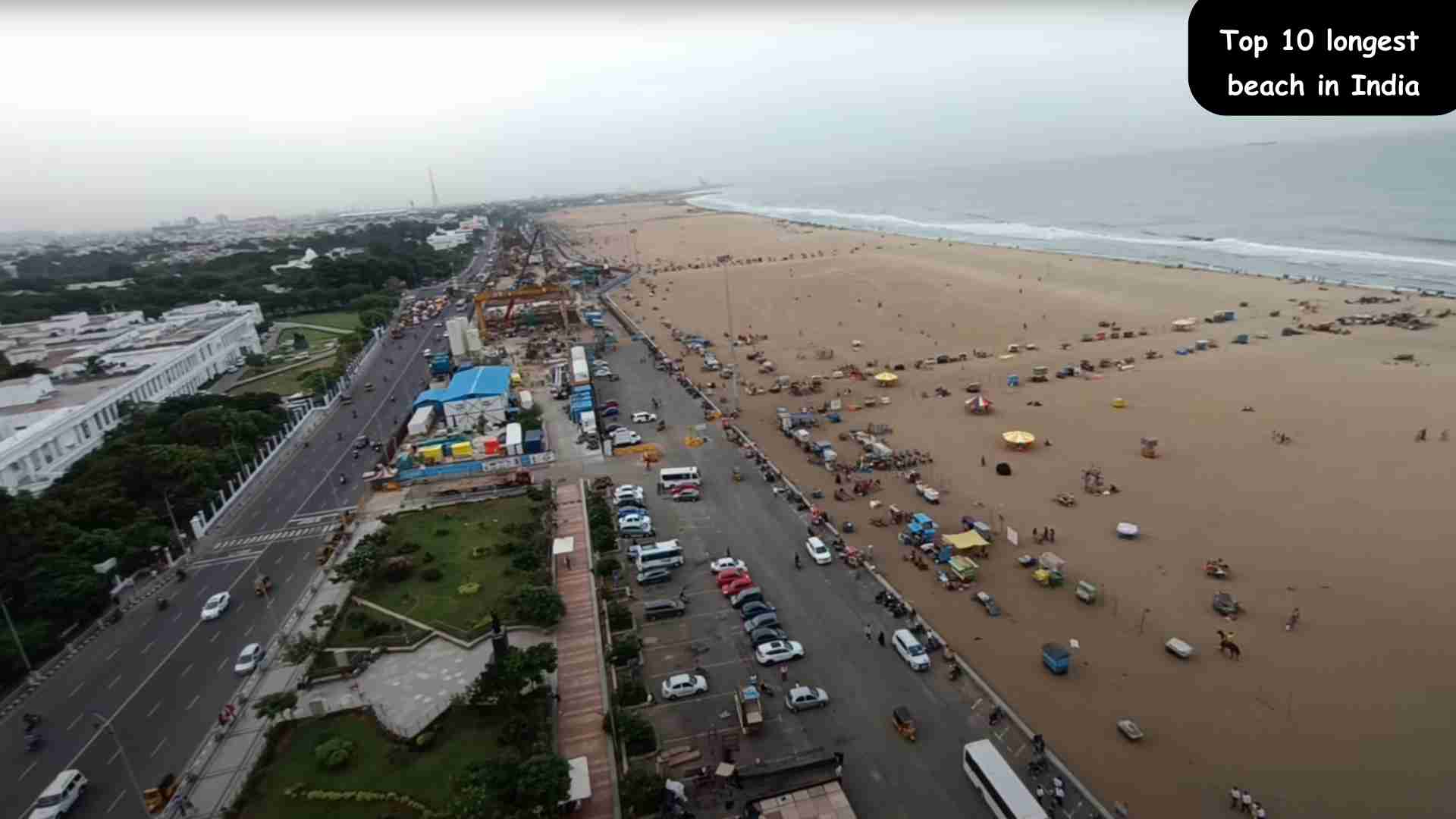 A scenic collage showcasing the top 10 longest beaches in India, featuring vast stretches of sandy shores, palm trees, calm ocean waves, and vibrant beach activities under clear blue skies.