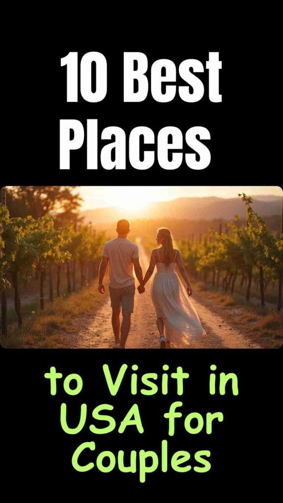 "Couples enjoying romantic destinations in the USA, including Napa Valley vineyards, Charleston cobblestone streets, Maui beaches, Savannah historic squares, Aspen snowy slopes, New Orleans jazz clubs, Sedona red rocks, Key West sunsets, Lake Tahoe lake views, and New York City skyline."