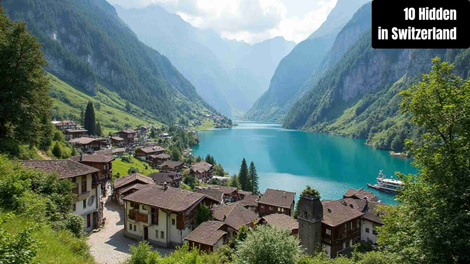 "Collage of Switzerland’s hidden gems including Lauterbrunnen Valley, turquoise lakes like Blausee and Oeschinensee, charming villages like Guarda and Soglio, waterfalls, and alpine cliffs."