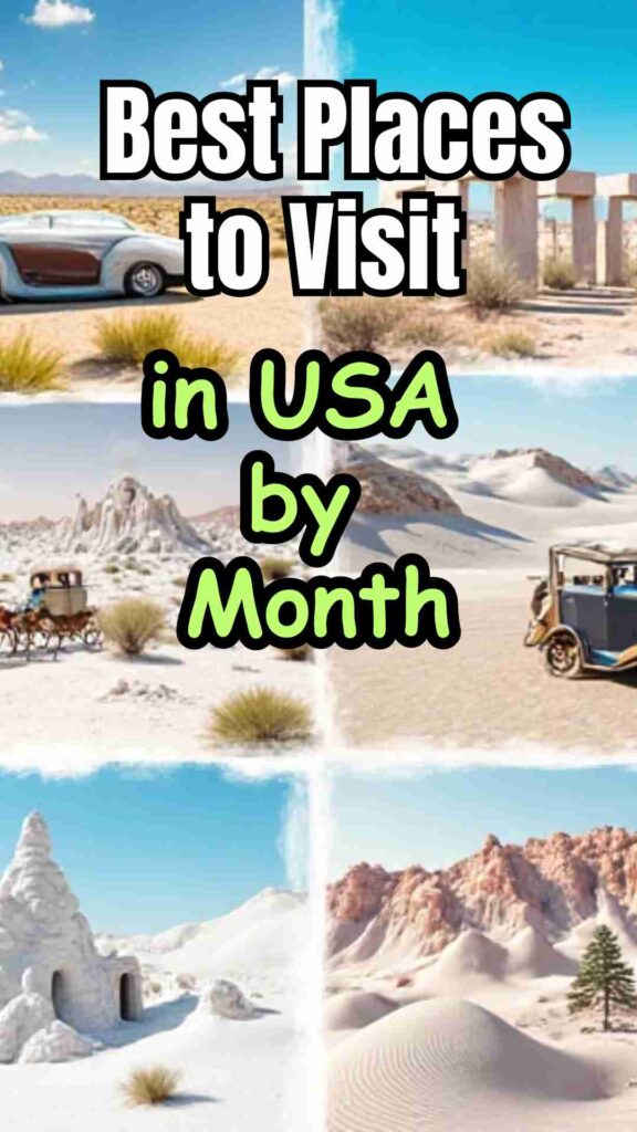 "Collage of 10 unique and offbeat travel destinations in the United States, featuring Salvation Mountain in California, Carhenge in Nebraska, giant roadside attractions in Casey, Illinois, Marfa’s desert art installations, Goblin Valley rock formations in Utah, White Sands National Park dunes, horse-drawn carriages on Mackinac Island, Winchester Mystery House in California, the Mütter Museum in Philadelphia, and Apostle Islands sea caves in Wisconsin."