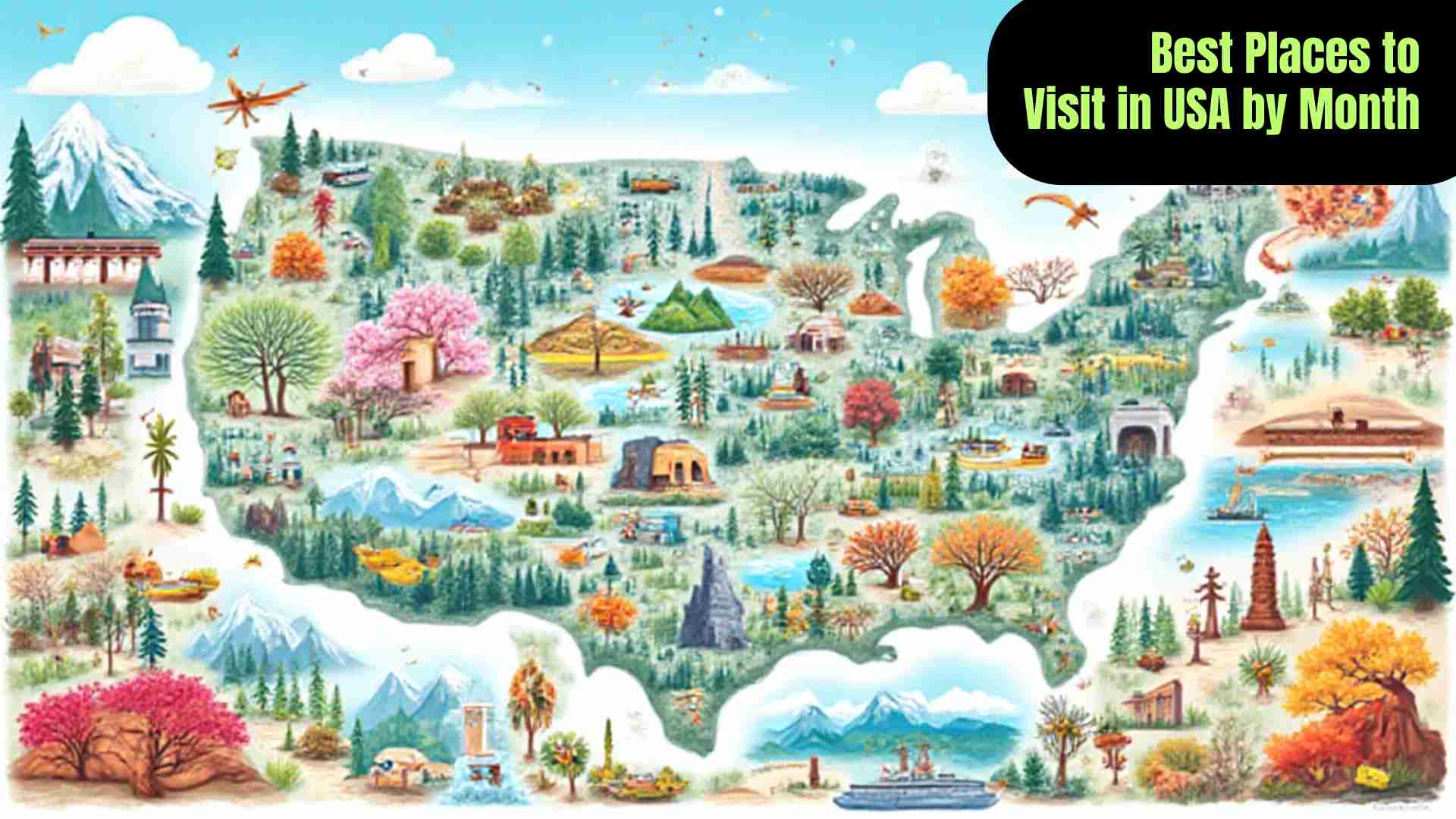 "Best places to visit in the USA by month, including Colorado and Utah winter skiing, Mardi Gras in New Orleans, cherry blossoms in Washington DC, California road trips, Alaska adventures, Hawaii beaches, national parks, fall foliage in New England and Colorado, Arizona deserts, and New York City winter festivities."