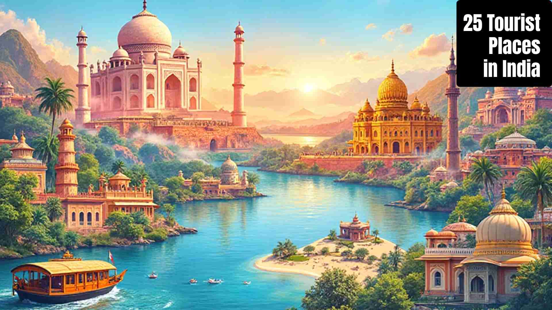 "Collage of 25 top tourist destinations in India including Taj Mahal, Jaipur, Kerala backwaters, Goa beaches, Golden Temple, Leh-Ladakh mountains, and Meghalaya living root bridges."