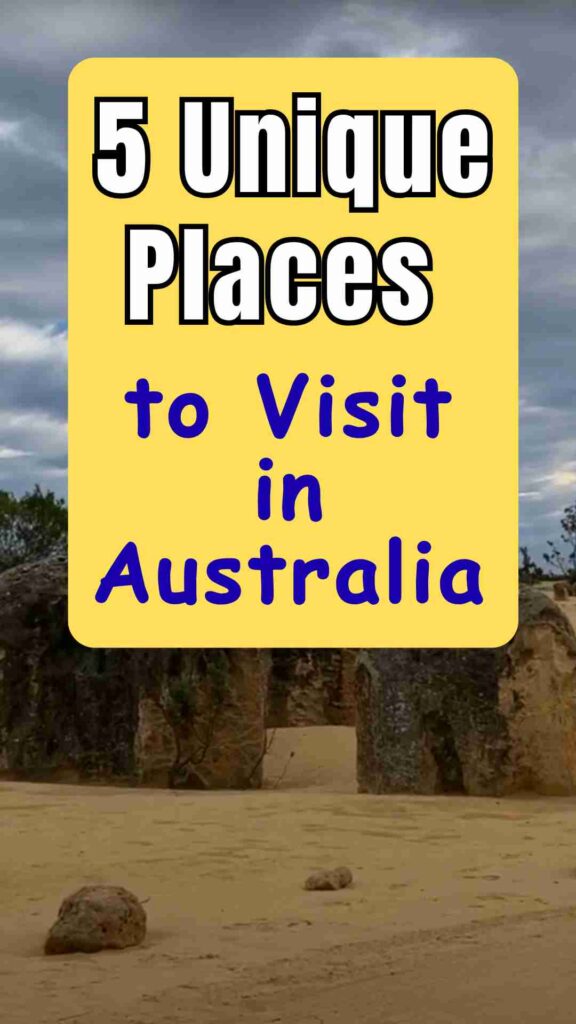A collage of Australia’s unique destinations: the limestone pillars of Pinnacles Desert, kangaroos on Kangaroo Island, the striped sandstone Bungle Bungles, the bright pink Lake Hillier, and colorful coral and whale sharks at Ningaloo Reef.

