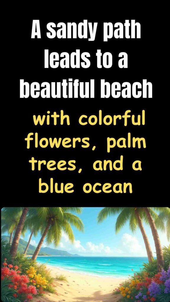 A tranquil sandy path surrounded by colorful wildflowers and swaying palm trees opens onto a serene beach with soft golden sand and a sparkling blue ocean.