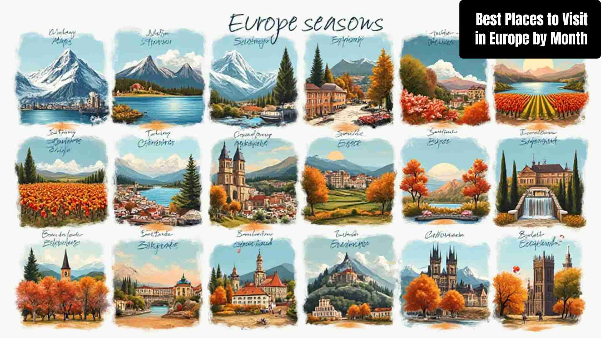 Collage of Europe’s best travel destinations by month, featuring snowy Alps in Switzerland, tulip fields in the Netherlands, Santorini sunsets, Oktoberfest in Germany, and Christmas markets in Vienna.