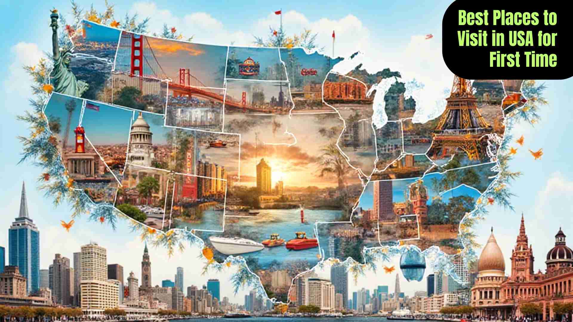Collage of top 10 USA destinations for first-time travelers including New York City, Washington D.C., San Francisco, Grand Canyon, Las Vegas, Los Angeles, Chicago, Miami, Orlando, and New Orleans, showcasing iconic landmarks, cityscapes, beaches, and natural wonders.