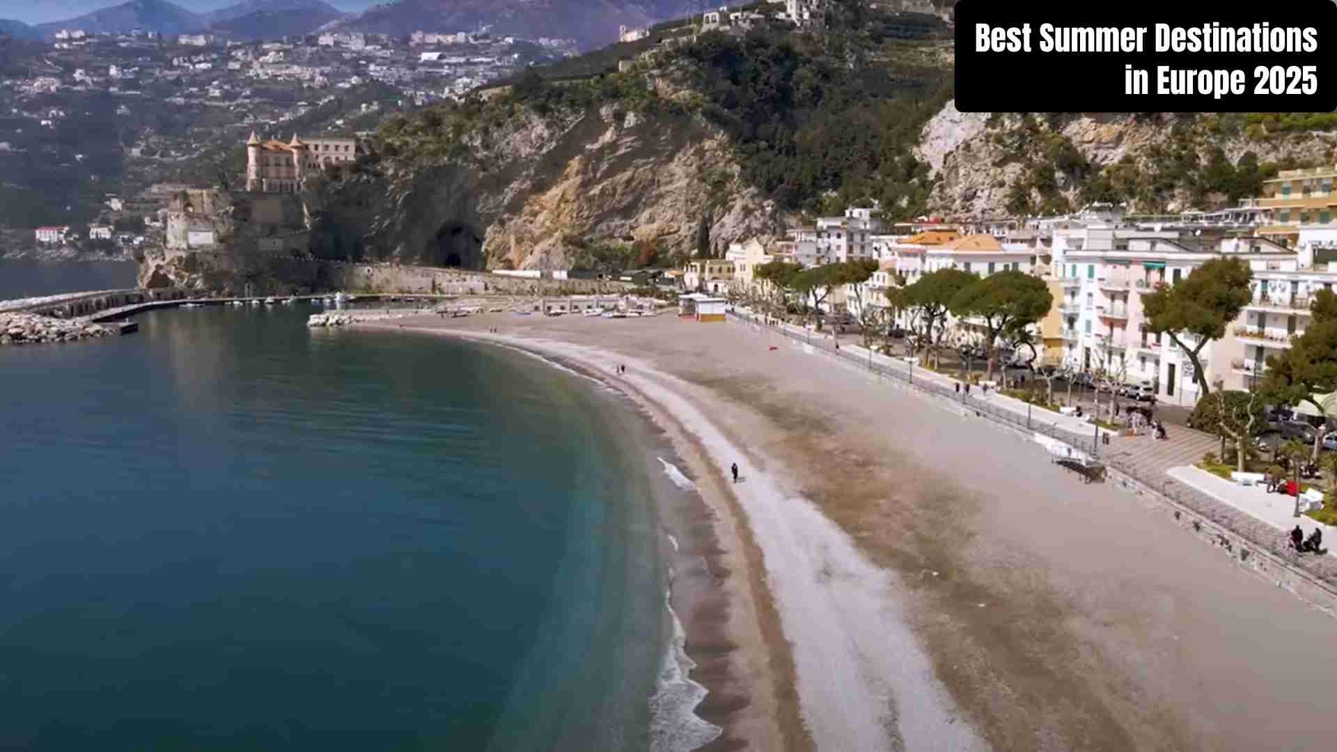 A vibrant summer collage of Europe’s top destinations in 2025, featuring sunlit coastal towns with pastel buildings, turquoise beaches, iconic city landmarks like the Eiffel Tower, scenic mountains such as the Swiss Alps, serene Lake Bled, and dramatic Norwegian fjords. Travelers are enjoying outdoor dining, hiking, sightseeing, and beach activities under bright blue skies and golden sunlight.