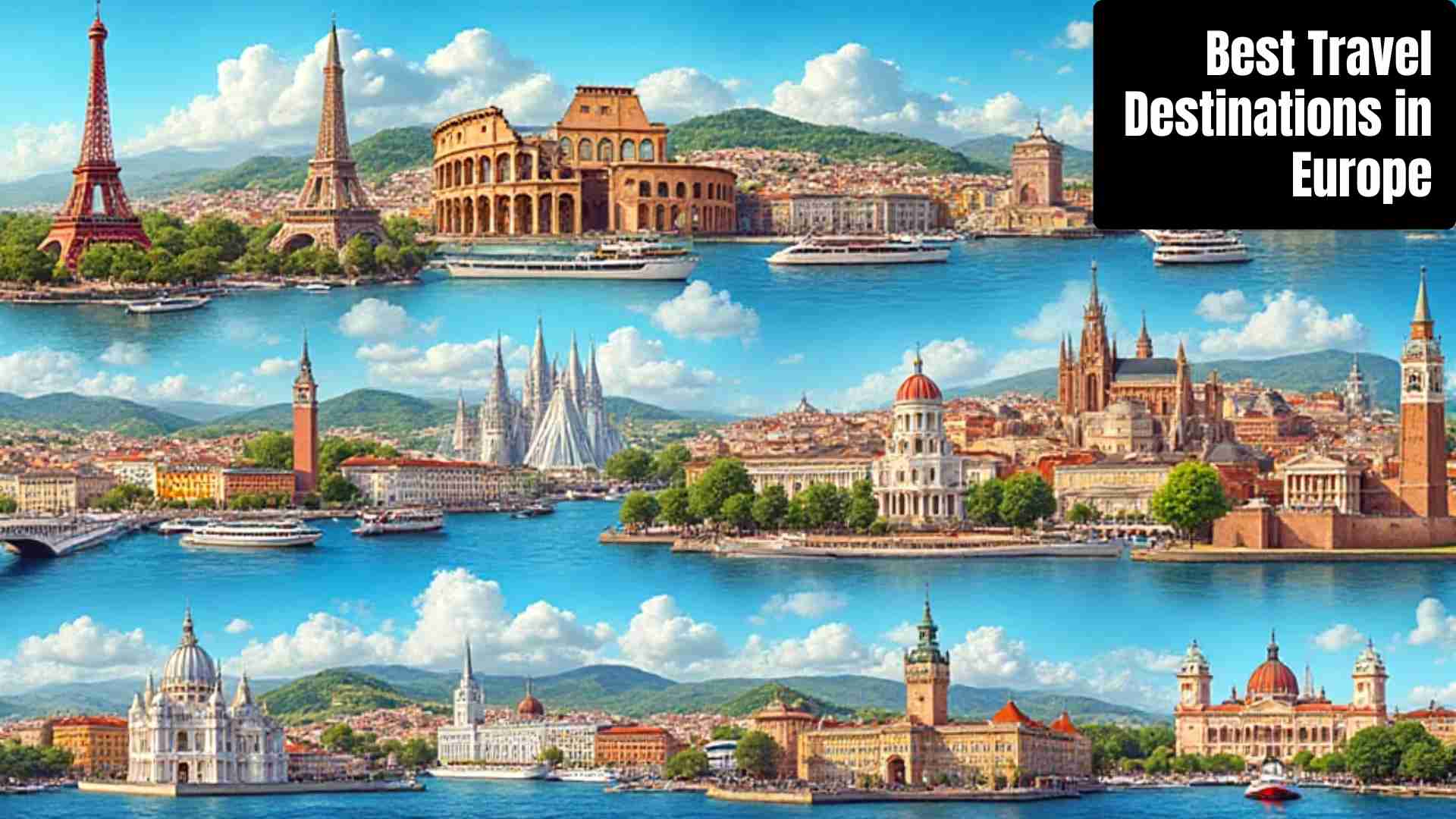 "Collage of the best travel destinations in Europe including Paris Eiffel Tower, Rome Colosseum, Barcelona Sagrada Família, Amsterdam canals, Santorini blue-domed houses, Prague Castle, Vienna palaces, Edinburgh Castle, Lisbon colorful streets, Dubrovnik Adriatic coastline, and Budapest Chain Bridge."