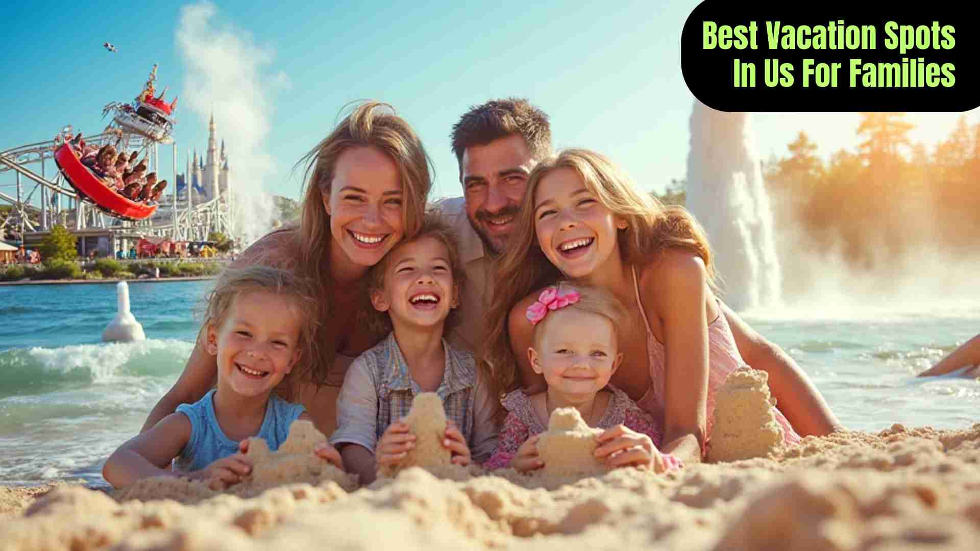 "A cheerful family enjoying a U.S. vacation: kids on a roller coaster in Orlando, parents exploring a national park with waterfalls and rock formations, and the family building sandcastles on a sunny beach, showcasing fun and adventure for all ages."
