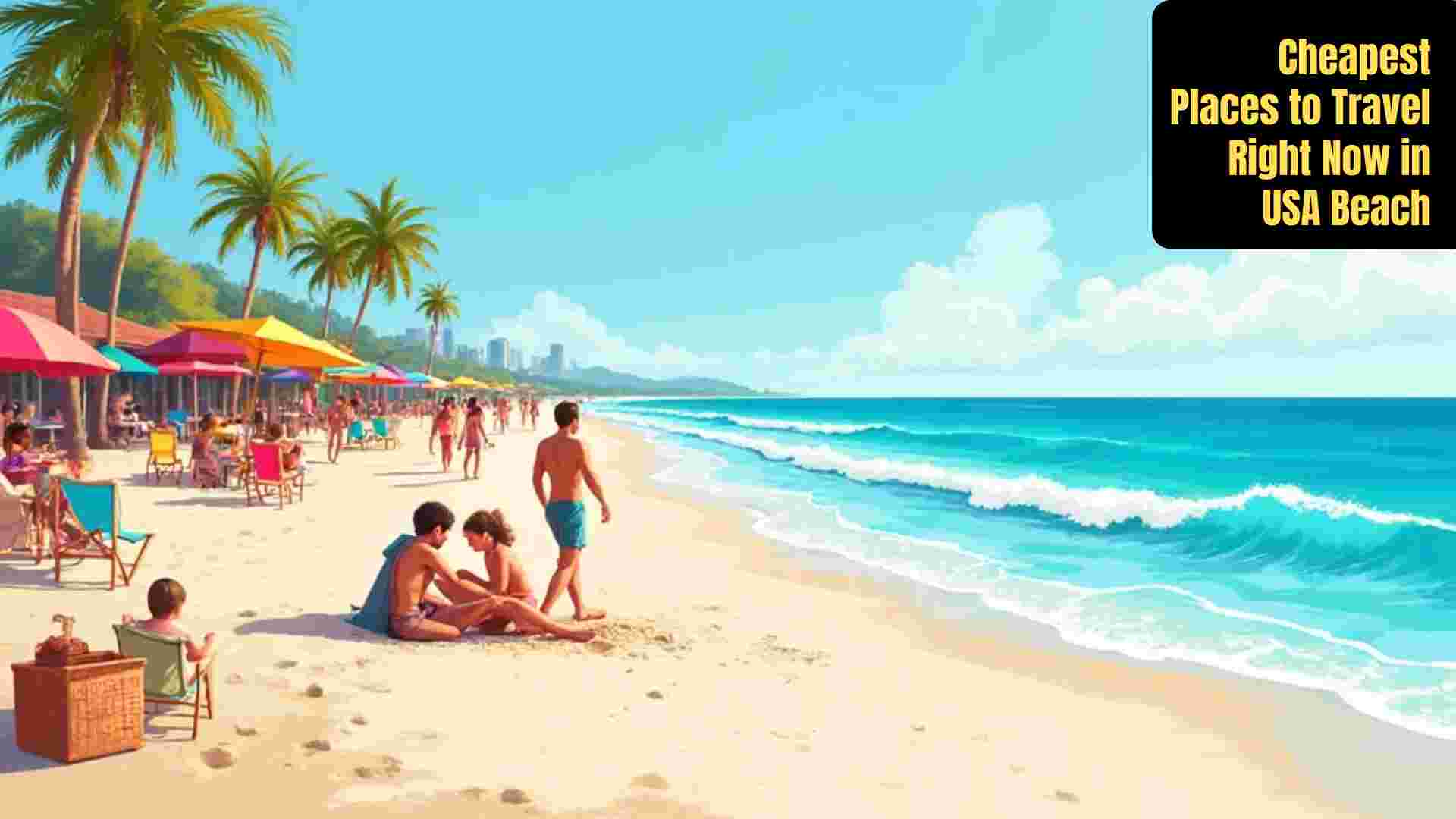 Sunny USA beach with white sand, gentle waves, and families enjoying budget-friendly activities like building sandcastles, walking along the shore, and relaxing under colorful umbrellas.