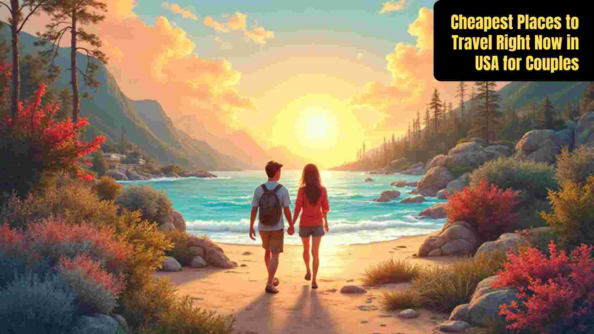 Happy couple enjoying a romantic, budget-friendly trip in the USA with scenic views of mountains, beaches, and charming city streets.