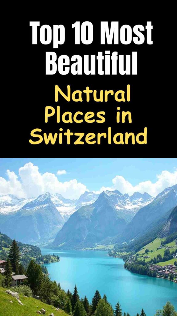 Scenic view of Switzerland with snow-capped Alps, turquoise lake, green valleys, waterfalls, and traditional Swiss chalets.