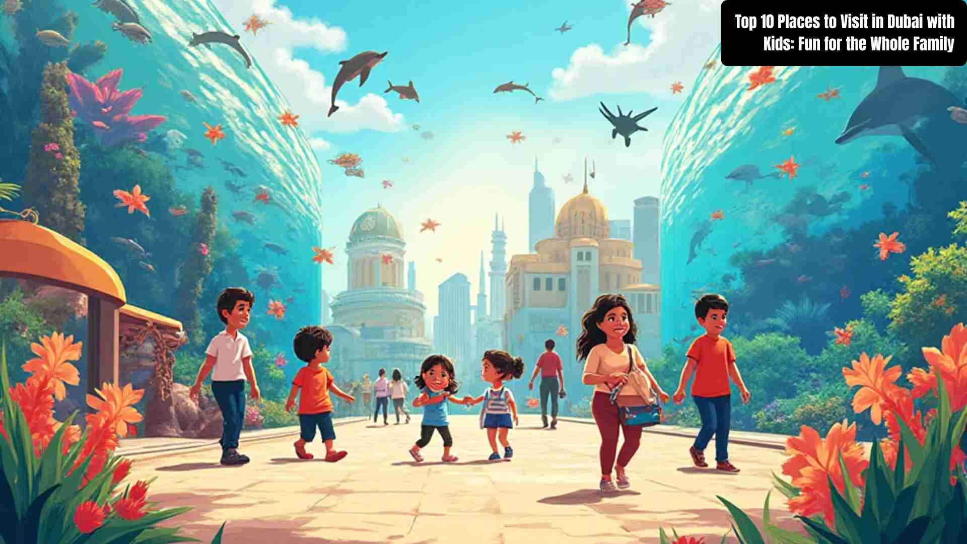 Top 10 family-friendly places to visit in Dubai with kids, including LEGOLAND, Dubai Aquarium, IMG Worlds of Adventure, and Dubai Miracle Garden.