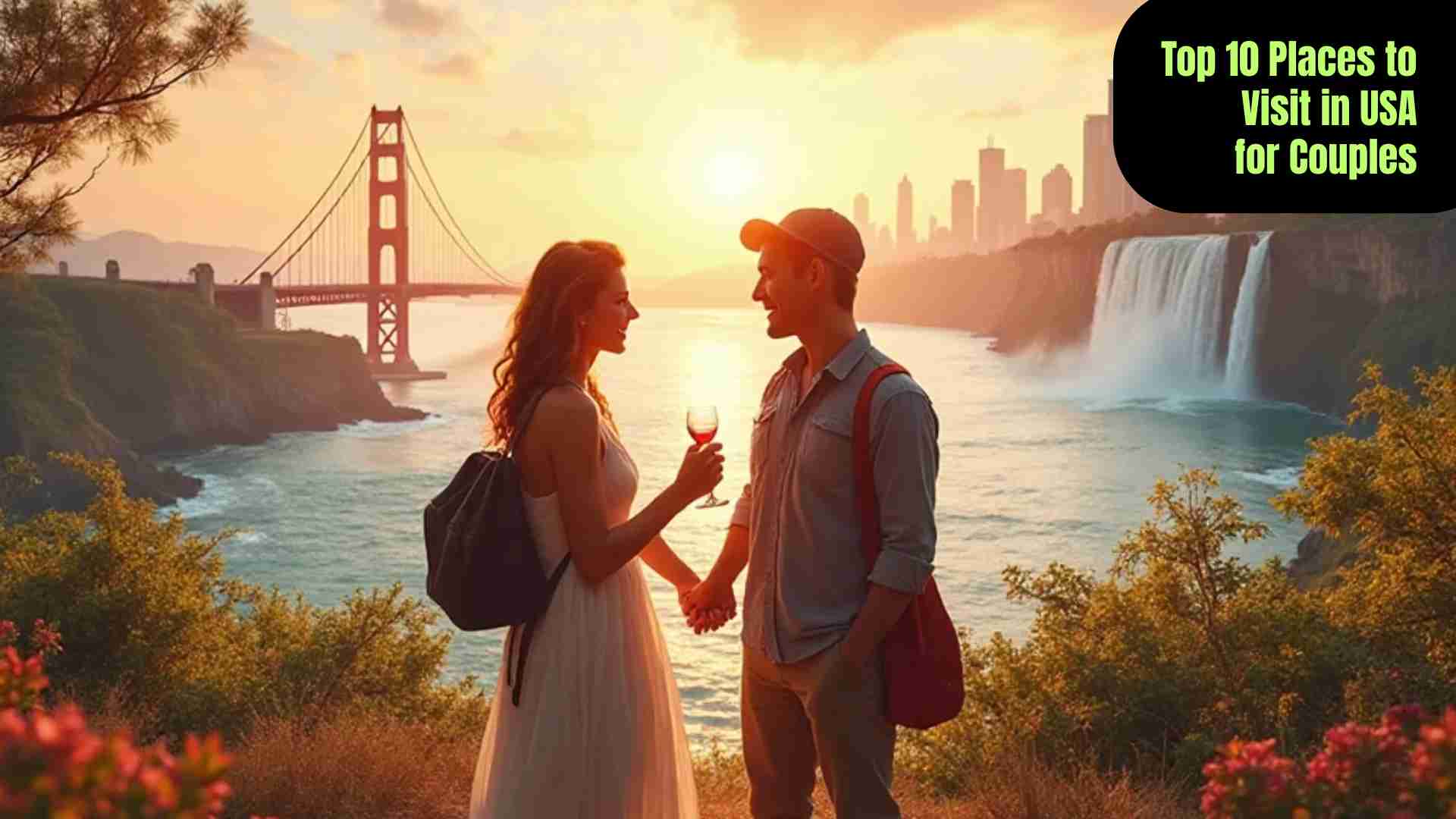 “Romantic couples enjoying top travel destinations in the USA, including Maui beaches, Niagara Falls, San Francisco Golden Gate Bridge, Napa Valley vineyards, and cozy city streets, creating memorable shared experiences.”
