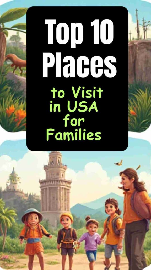 "Happy families exploring top 10 destinations in the USA, including theme parks in Orlando and Anaheim, wildlife at Yellowstone and San Diego Zoo, historic sites in Williamsburg and Boston, city adventures in New York and Chicago, and fun outdoor activities at beaches and lakes, enjoying travel, learning, and memorable moments together."