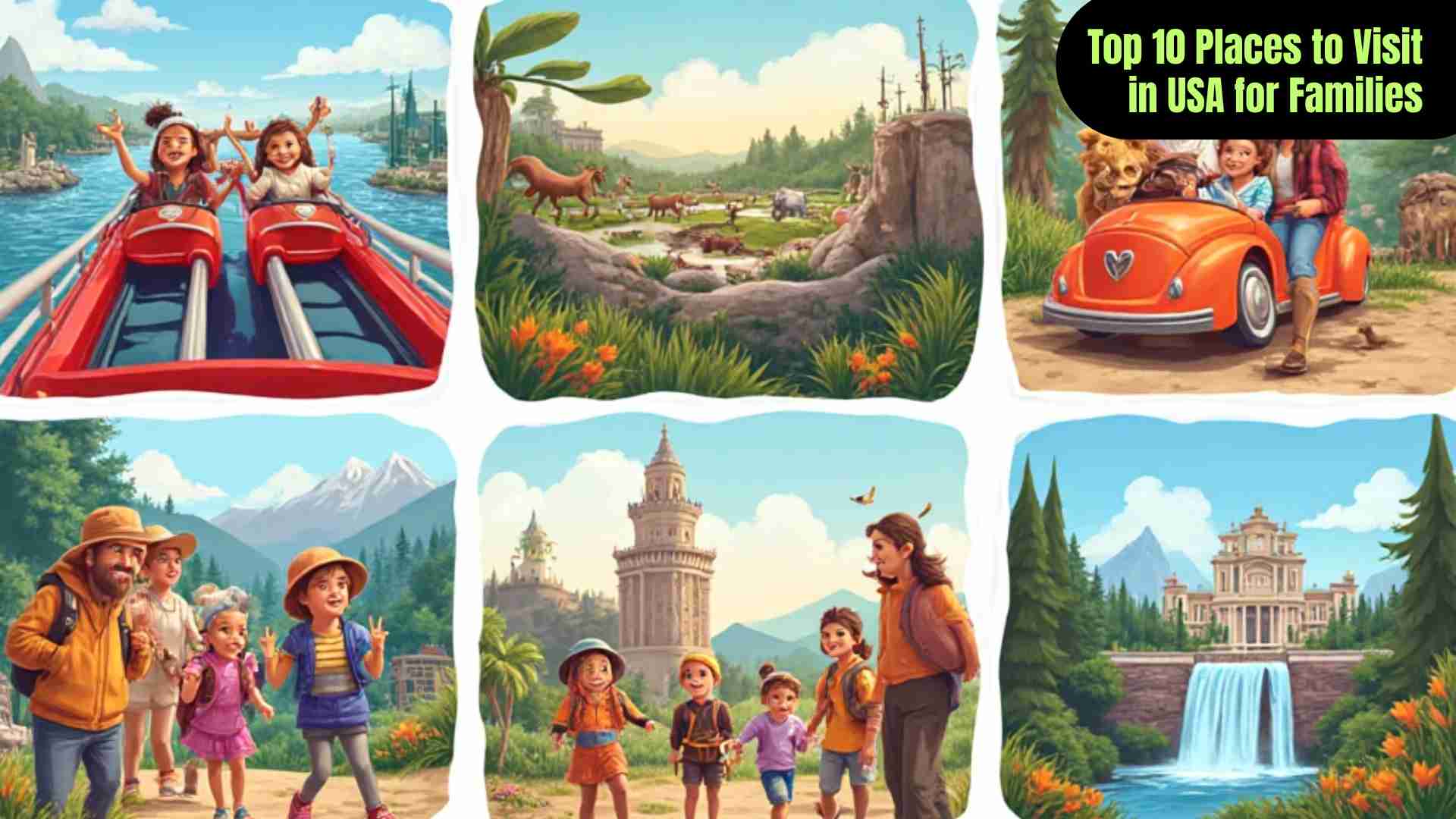 "Happy family exploring top destinations in the USA, including theme parks, zoos, beaches, and iconic city landmarks, enjoying fun and adventure together."