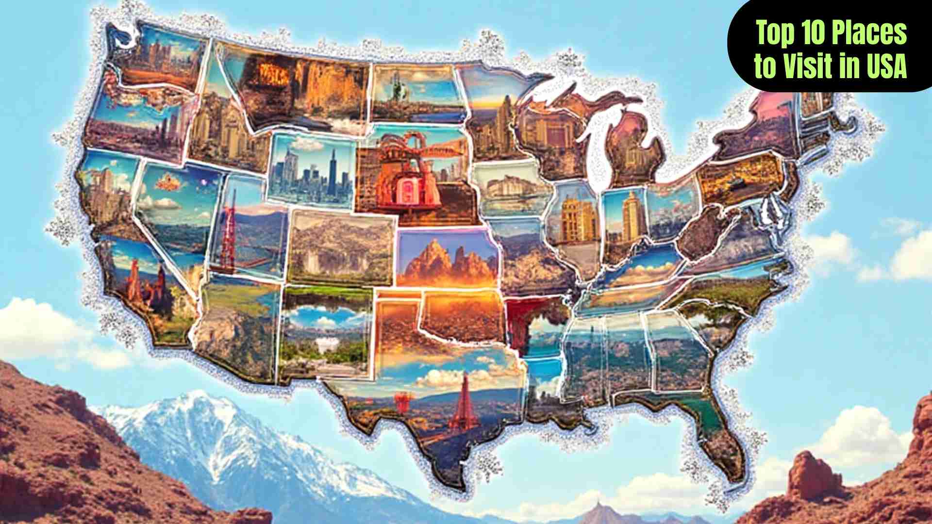 "Collage of top 10 USA travel destinations including New York City skyline, Grand Canyon, Las Vegas Strip, Yellowstone National Park, Golden Gate Bridge in San Francisco, Miami beaches, Chicago skyline, Washington D.C. monuments, colorful streets of New Orleans, and Hawaii tropical landscapes."