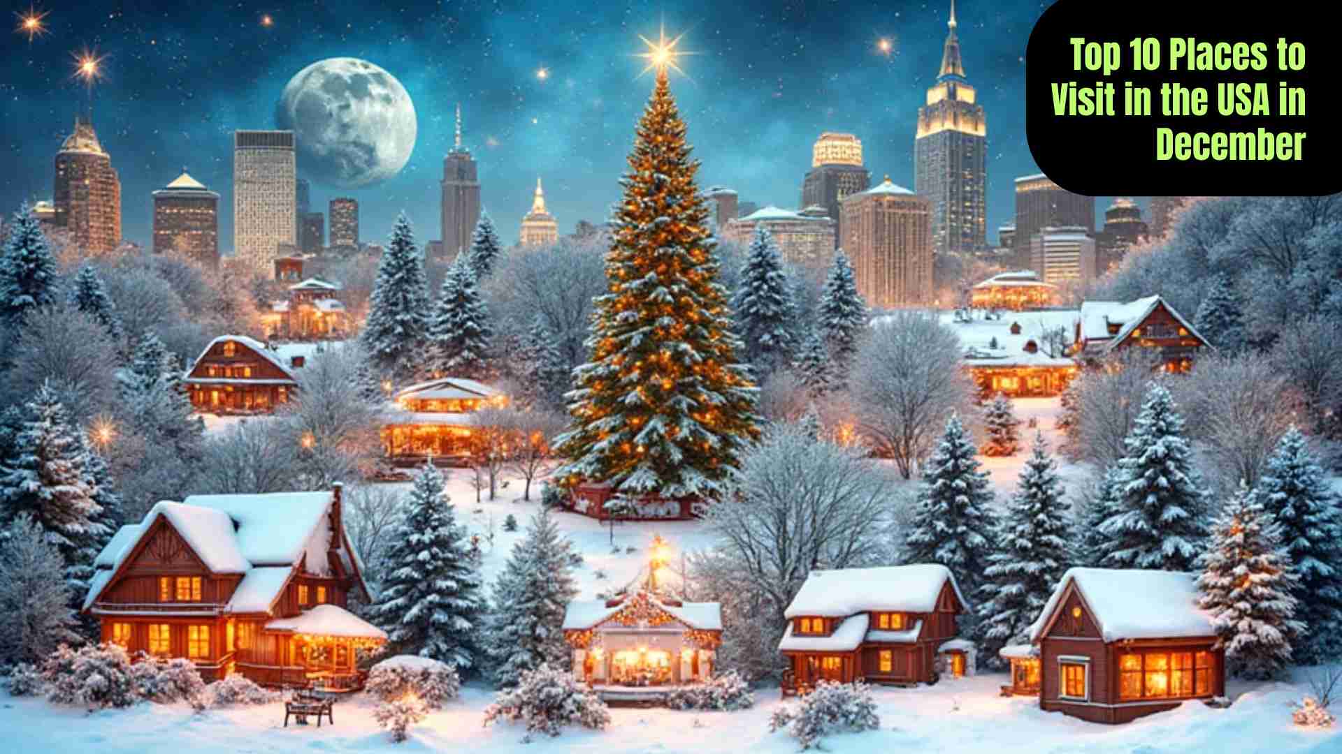 Top 10 must-visit destinations in the USA during December, featuring snowy mountains, festive city lights, and holiday attractions.