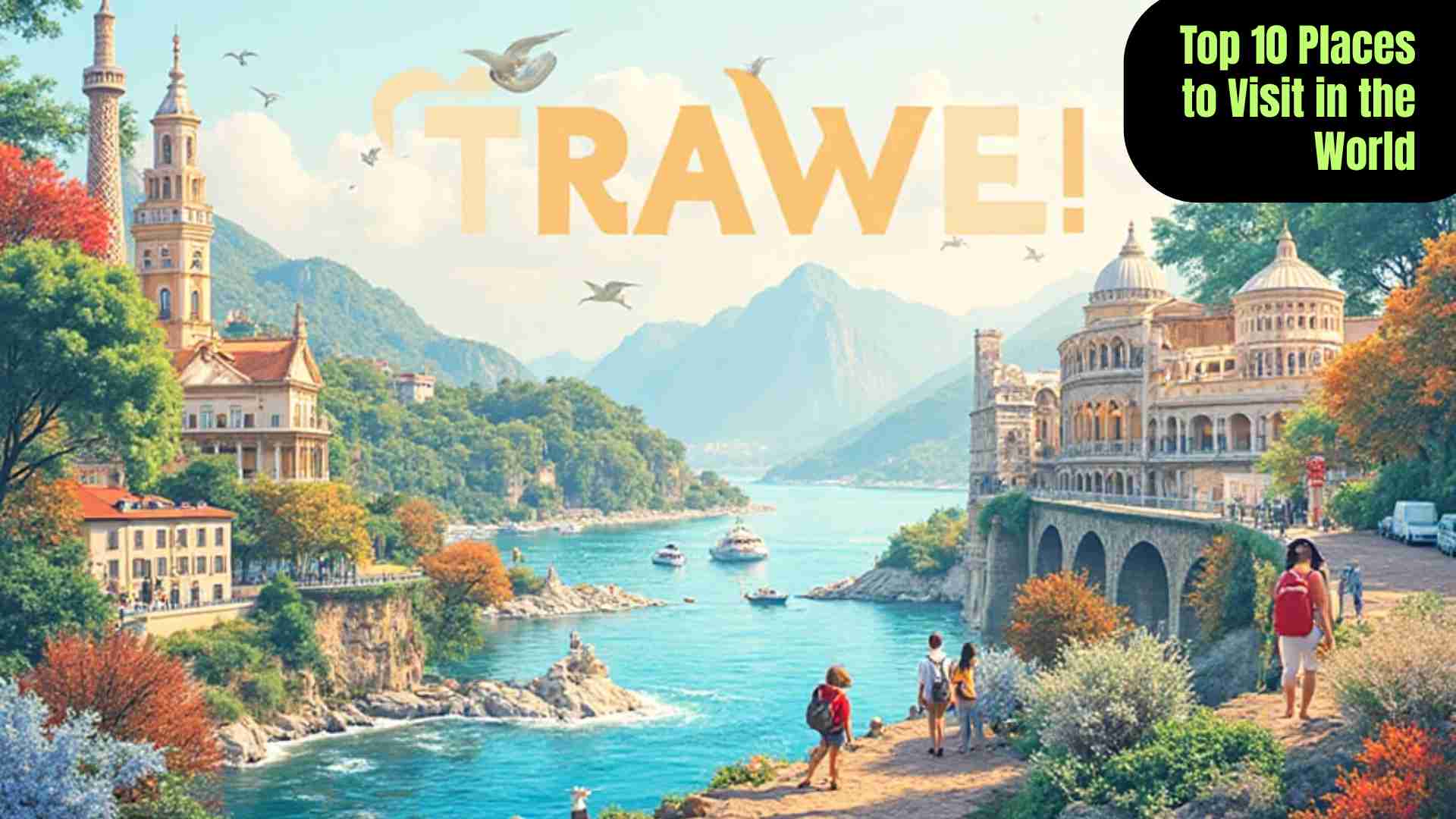 Collage of the world’s top 10 travel destinations including Paris Eiffel Tower, Kyoto bamboo forest, Rome Colosseum, Cape Town Table Mountain, New York Times Square, Santorini blue-domed houses, Sydney Opera House, and Machu Picchu in the Andes, showcasing culture, nature, history, and adventure.