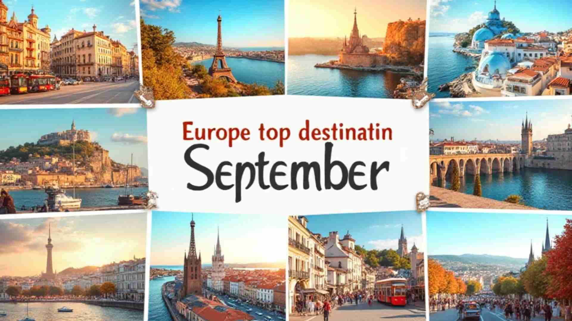 "Collage of Europe’s top travel destinations in September including Barcelona, Santorini, Dubrovnik, Paris, Munich, Lisbon, and Prague, showcasing iconic landmarks, scenic beaches, historic streets, and autumn sunlight."