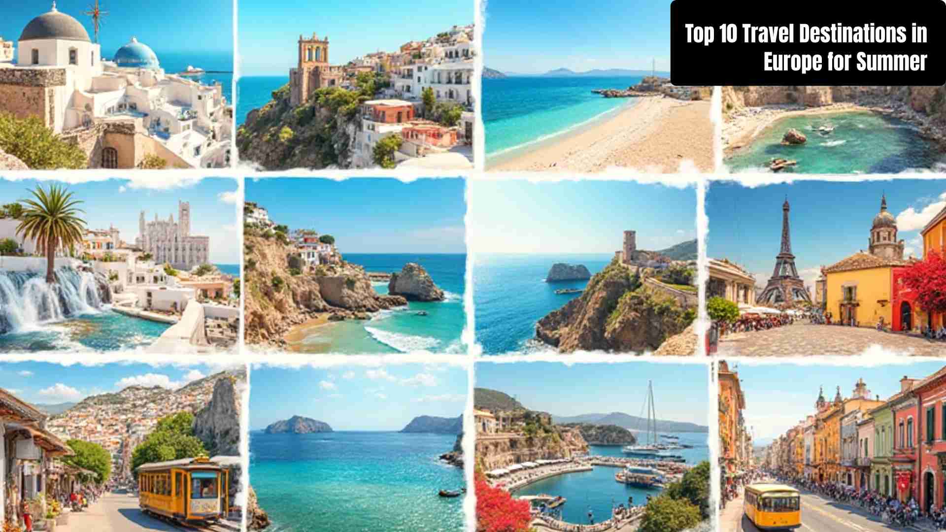 Top 10 travel destinations in Europe for summer featuring iconic spots like Santorini’s white-and-blue cliffs, Barcelona’s beaches and Gaudí architecture, Amalfi Coast villages, Dubrovnik’s medieval walls, Paris landmarks, Iceland’s midnight sun, Cinque Terre’s colorful towns, Amsterdam’s canals, Lisbon’s trams, and Edinburgh’s historic charm.