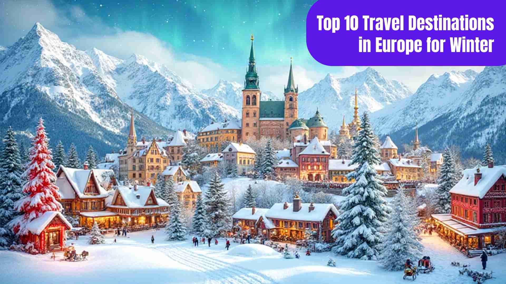 Top 10 European winter travel destinations featuring snow-covered cities, Christmas markets, Northern Lights, cozy cafés, and alpine adventures.
