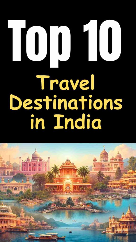 Top 10 travel destinations in India featuring Taj Mahal, Jaipur Pink City, Udaipur Lake Palace, Varanasi ghats, Kerala backwaters, Goa beaches, Mumbai skyline, Rishikesh yoga, Amritsar Golden Temple, Ladakh mountains, and Mysore Palace.