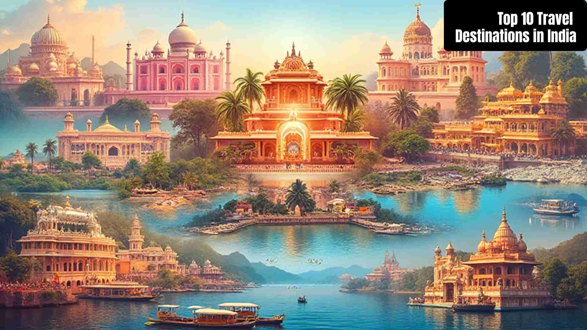 "Collage of India’s top travel destinations including Taj Mahal, Jaipur Pink City, Udaipur Lake Palace, Varanasi ghats, Kerala backwaters, Goa beaches, Mumbai skyline, Rishikesh yoga, Golden Temple in Amritsar, Ladakh mountains, and Mysore Palace."