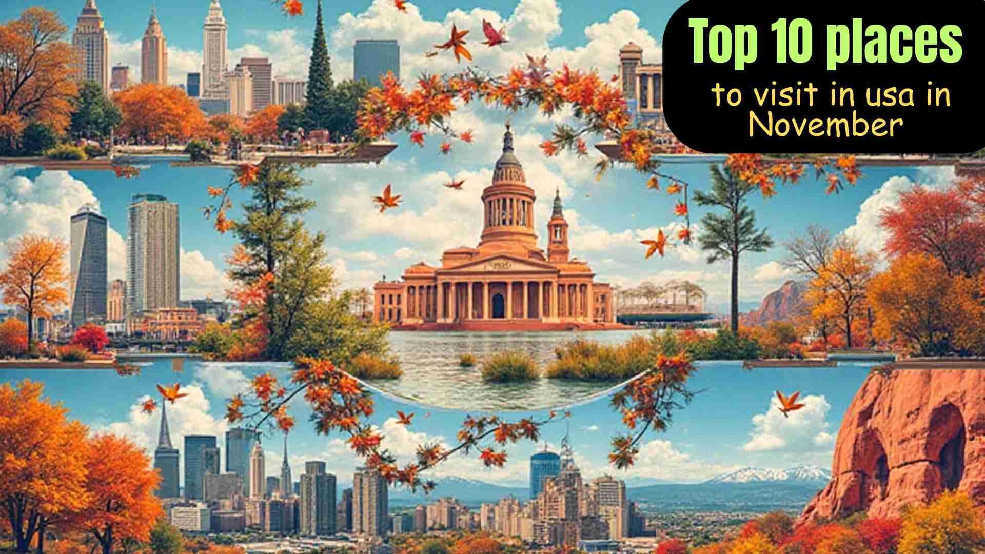Collage of the top 10 USA destinations to visit in November, featuring New York City, San Francisco, Charleston, Sedona, Chicago, Santa Fe, Orlando, Maui, Washington D.C., and New Orleans, with autumn foliage, festive decorations, sunny beaches, and cultural landmarks.