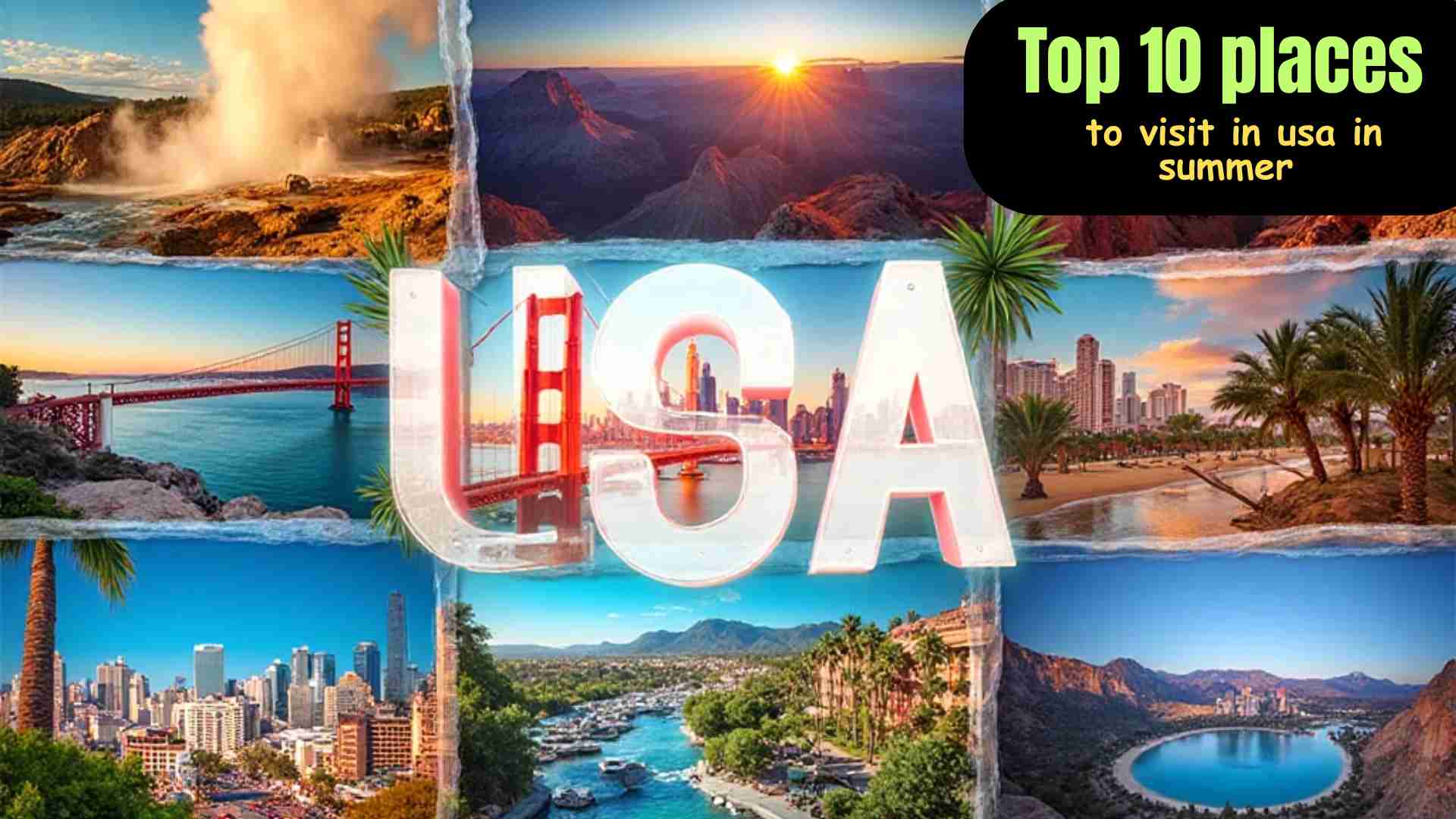 "Collage of top 10 summer destinations in the USA including Yellowstone National Park geysers, Grand Canyon at sunset, New York City skyline, Golden Gate Bridge in San Francisco, Miami beach, Chicago waterfront, New Orleans colorful streets, Honolulu beach, Las Vegas Strip, and Yosemite National Park waterfalls."
