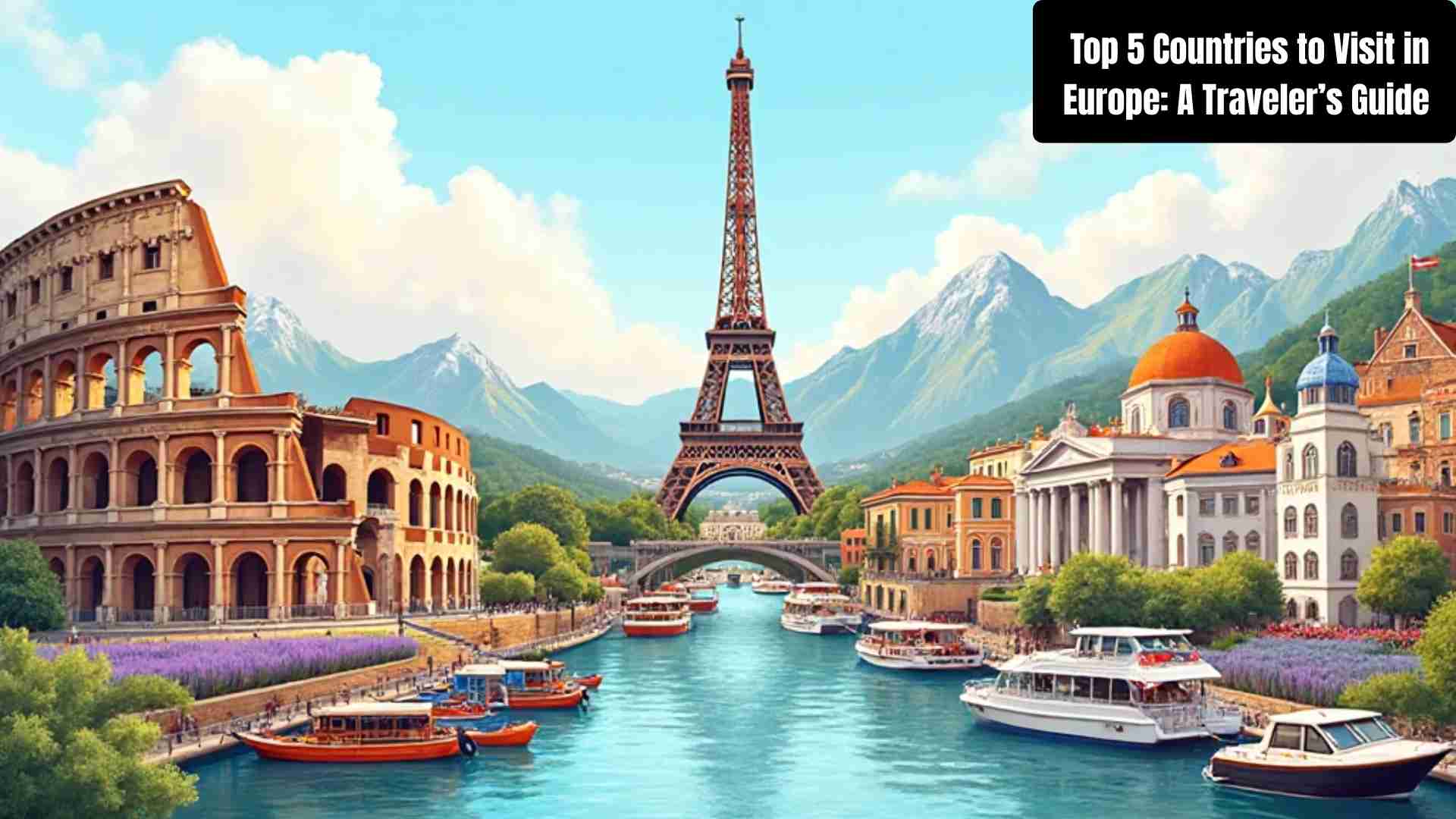 "Collage of Europe’s top 5 travel destinations featuring Italy, France, Spain, Greece, and Switzerland with iconic landmarks, scenic landscapes, and vibrant colors."